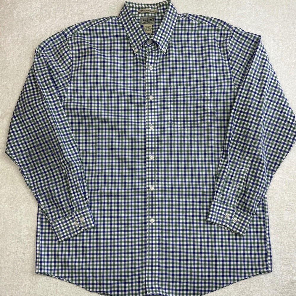 LL Bean Mens Large Green Blue Gingham Wrinkle Resistant Cotton Button Down Shirt
